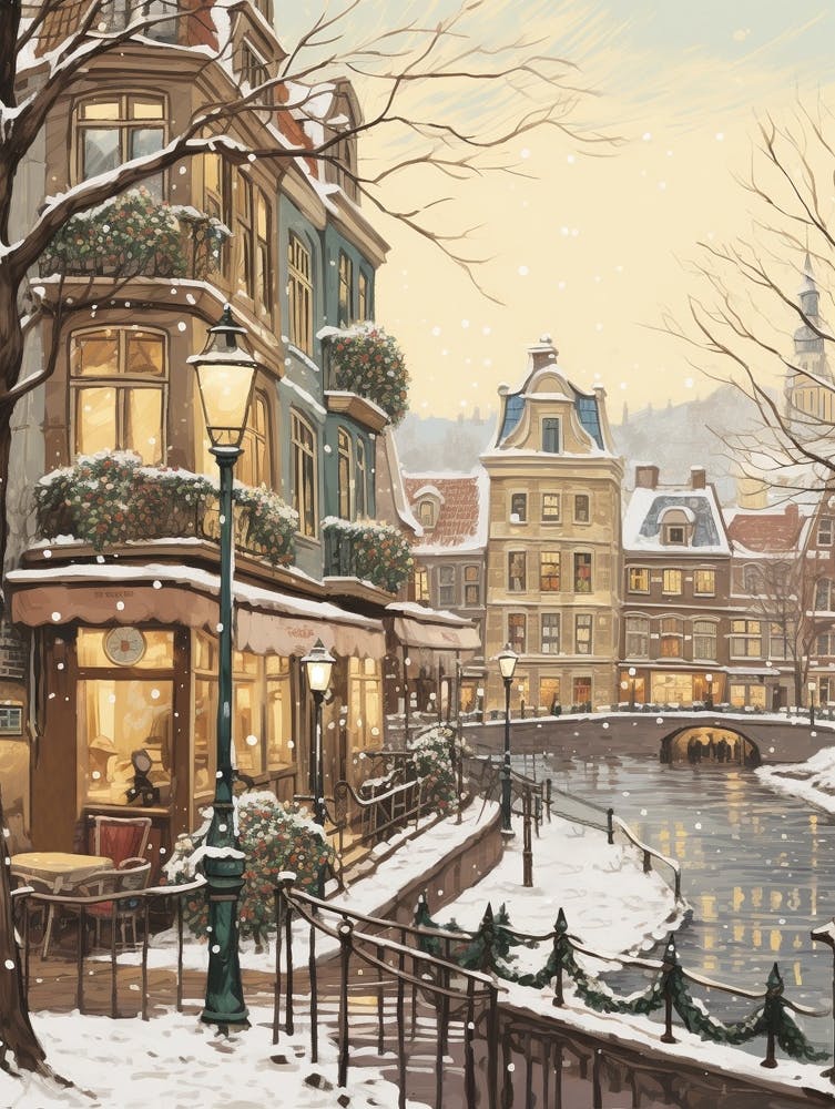 Vintage Winter Illustration Amsterdam Niederlande 2