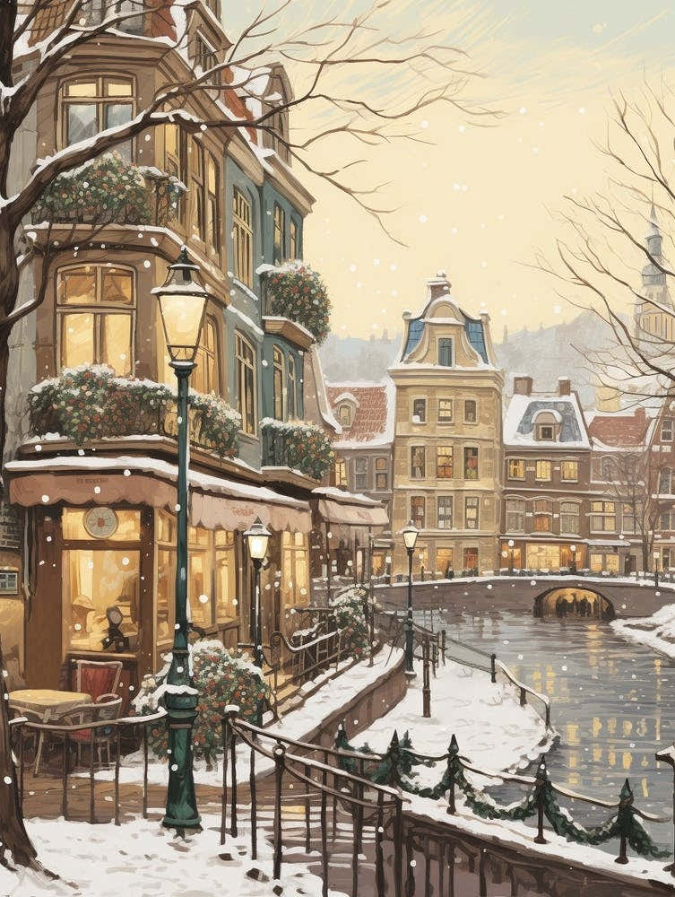 Vintage Winter Illustration Amsterdam Netherlands 2