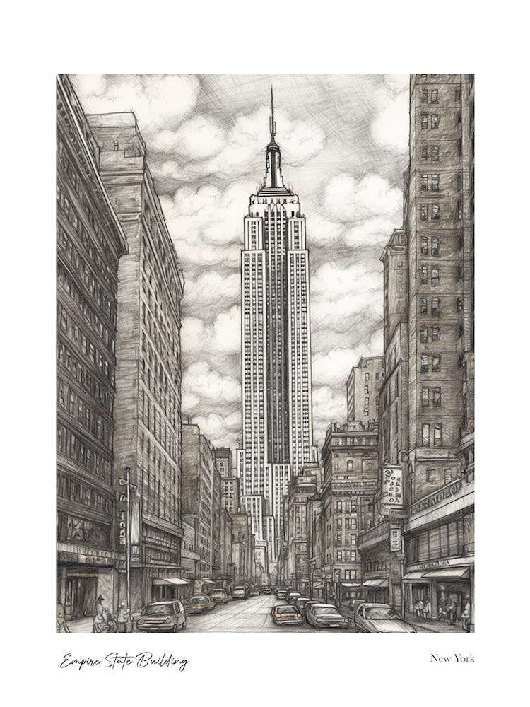 Empire State Building  New York Pencil Sketch 3 Watercolour Travel Poster