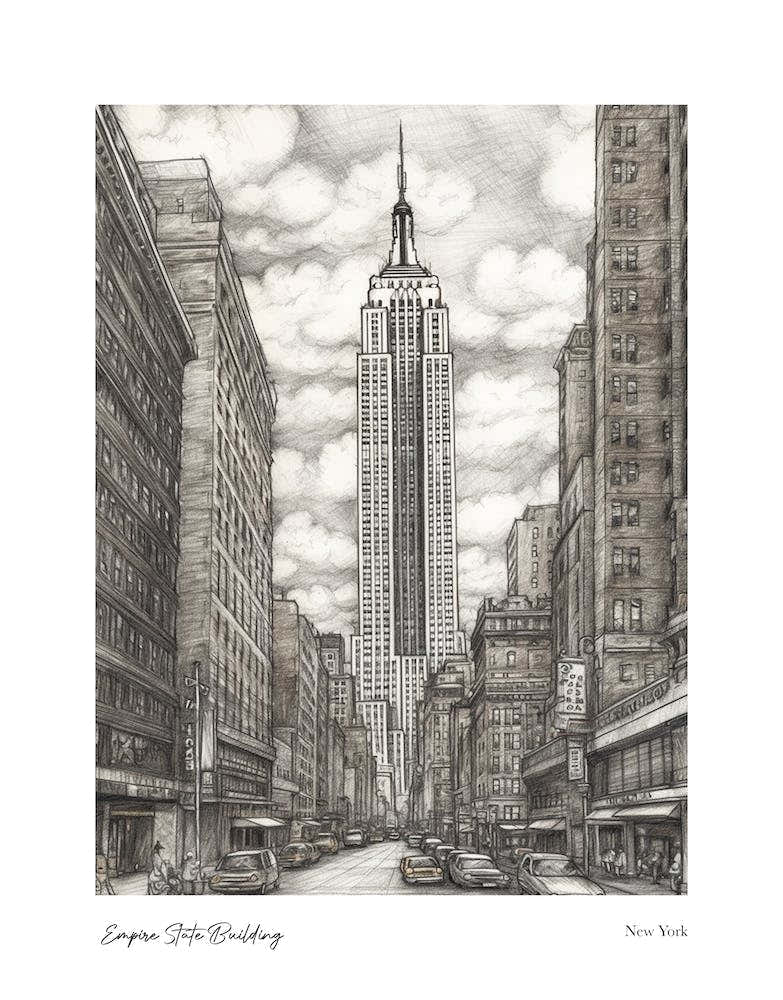 Empire State Building  New York Pencil Sketch 3 Watercolour Travel Poster