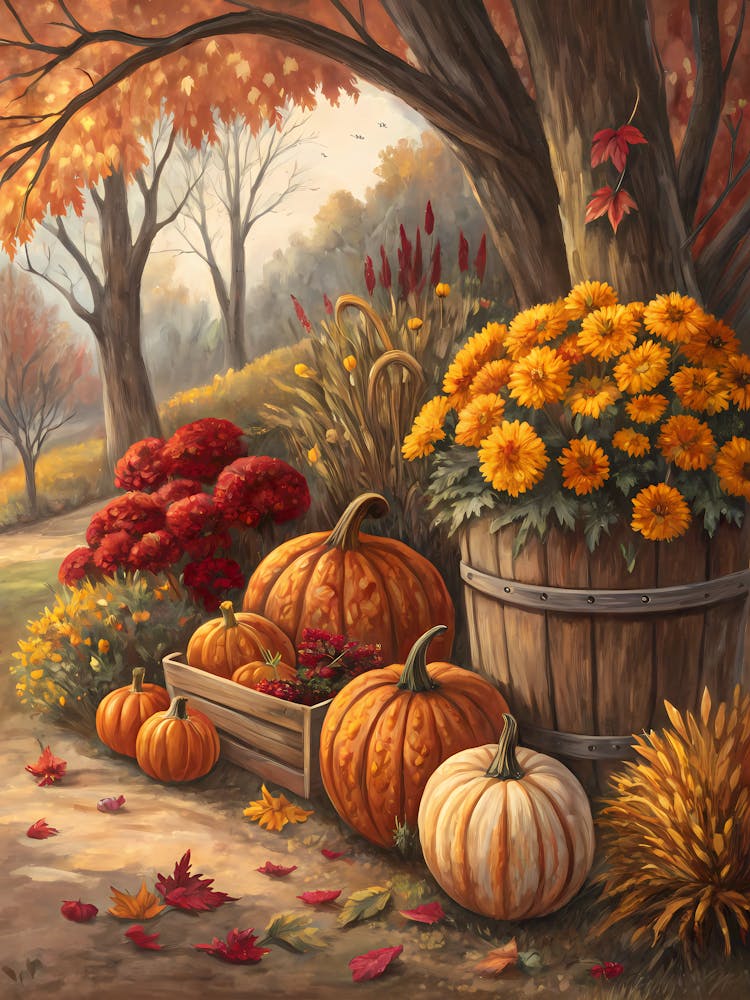 Oil Painting Style Autumn Pumpkin Patch & Mum Garden Fall Harvest Celebration