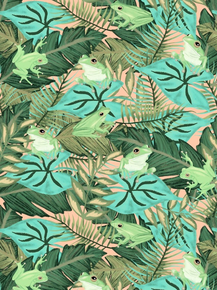 Hiding Tropical Tree Frogs in Green Foliage on Pastel Peach