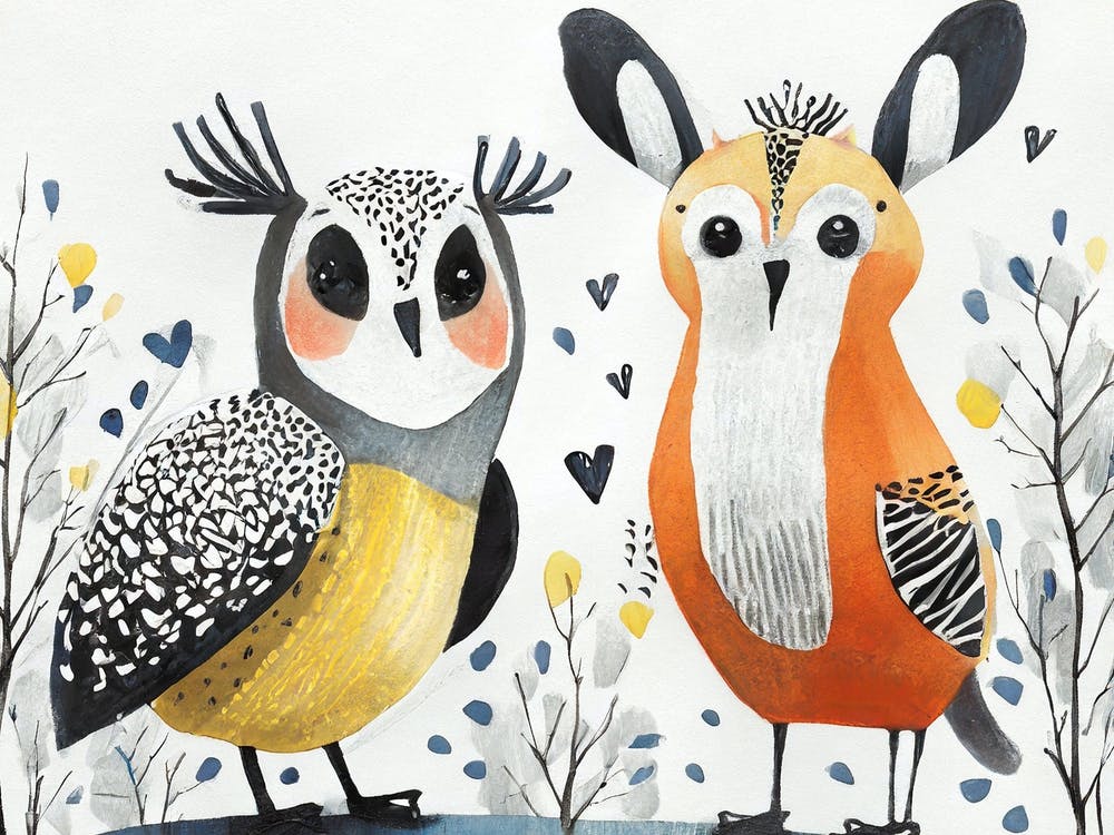 Two fantasy Owls children illustration