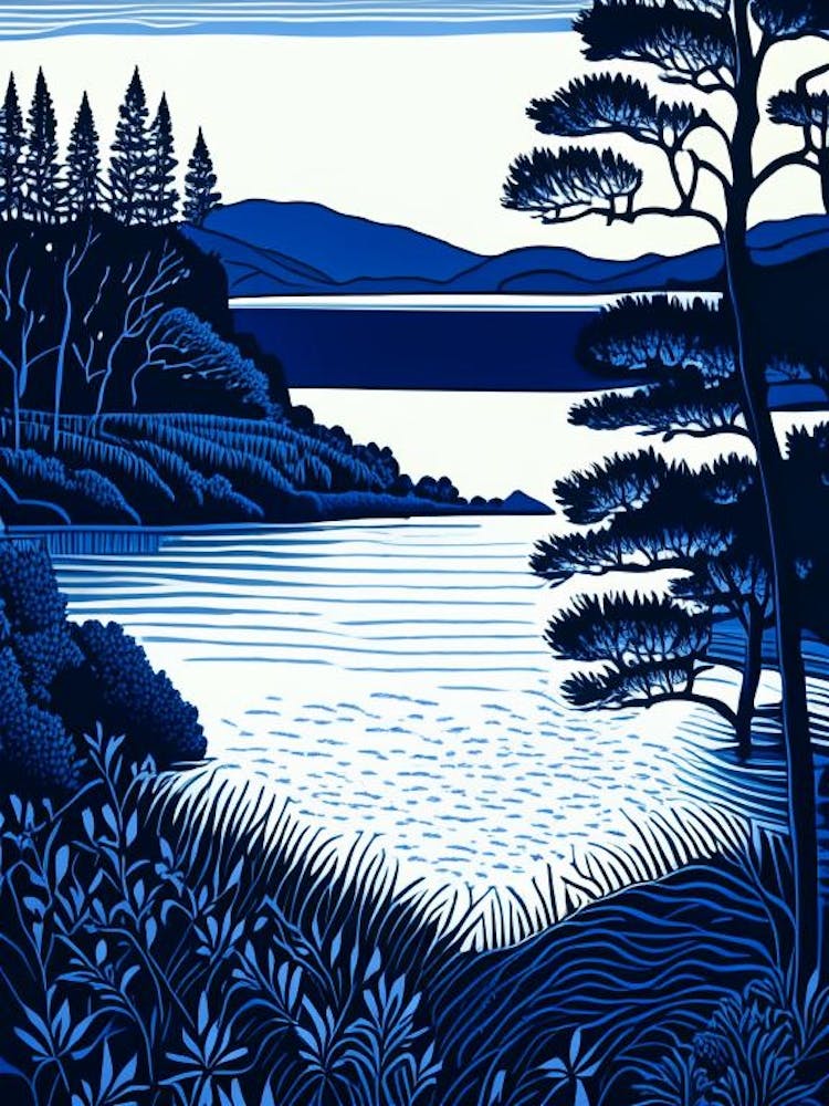 Crystal Clear Blue Lake Landscapes Waterscape Linocut 1