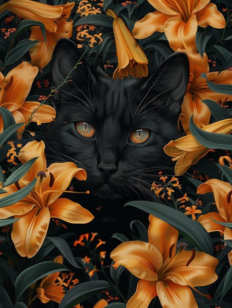 Black Cat In Lilies 1