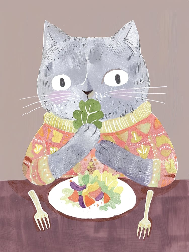 Cute Cat Eating Salad Folk Illustration 4