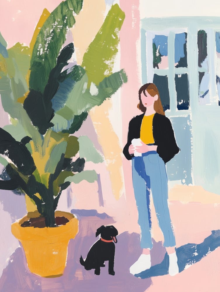Woman with a Dog Gouache Painting