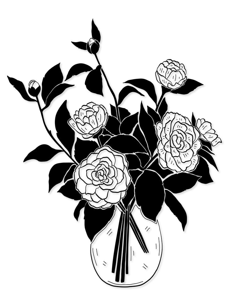Bouquet Of Roses In A Vase Black and White