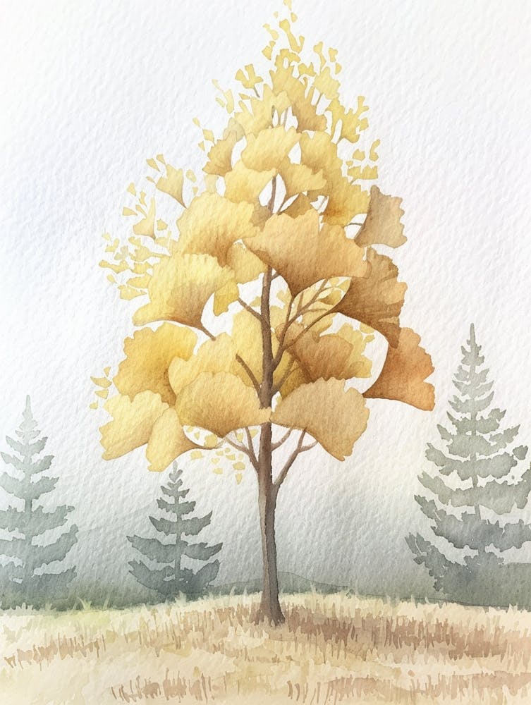 Ginkgo Tree Atmospheric Watercolour Painting 2