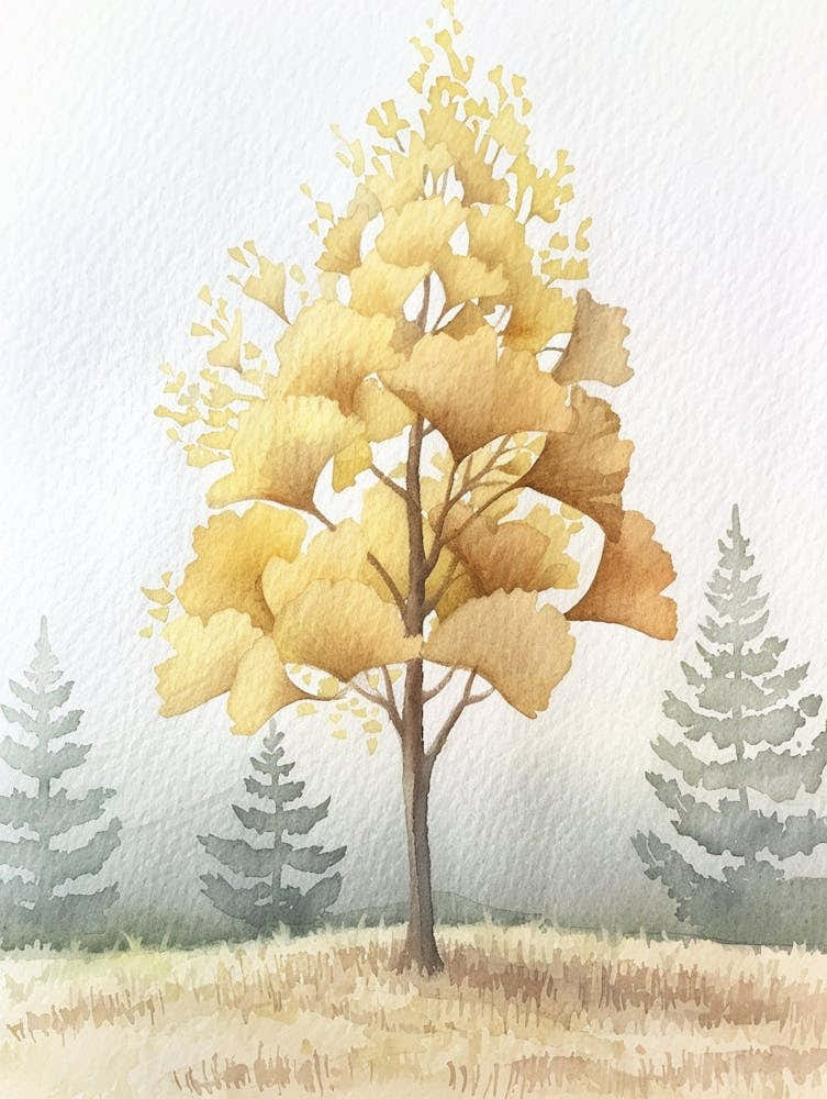 Ginkgo Tree Atmospheric Watercolour Painting 2