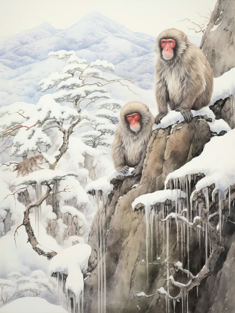 Jigokudani Monkey Park In Nagano, Ukiyo E Drawing 3