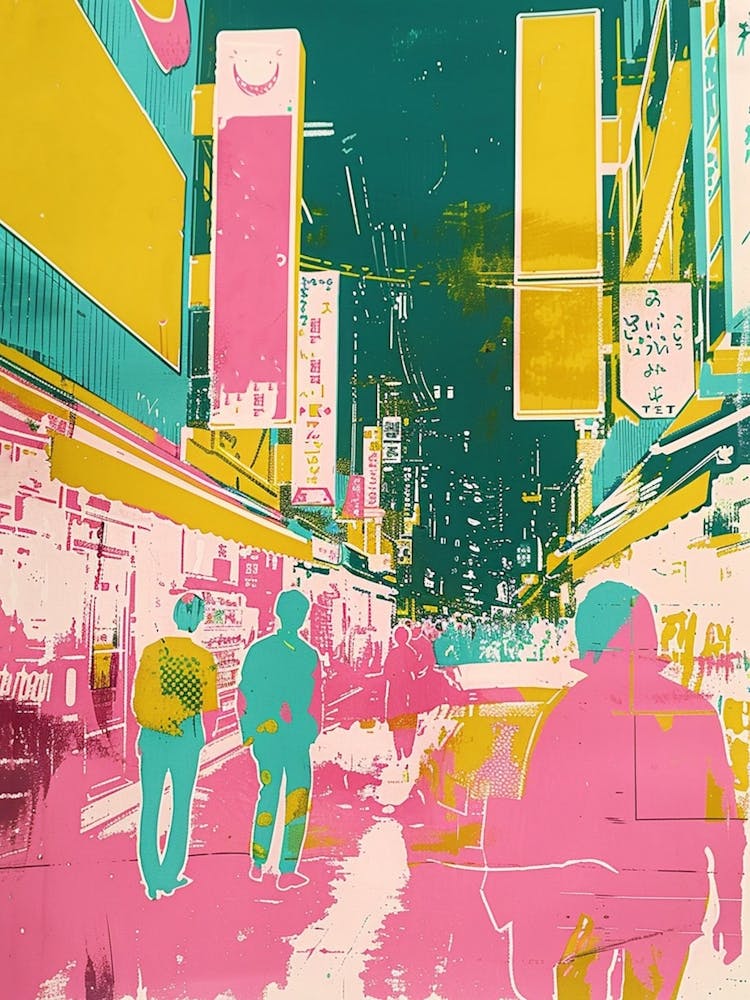 Akihabara Street Scene Duotone Silkscreen