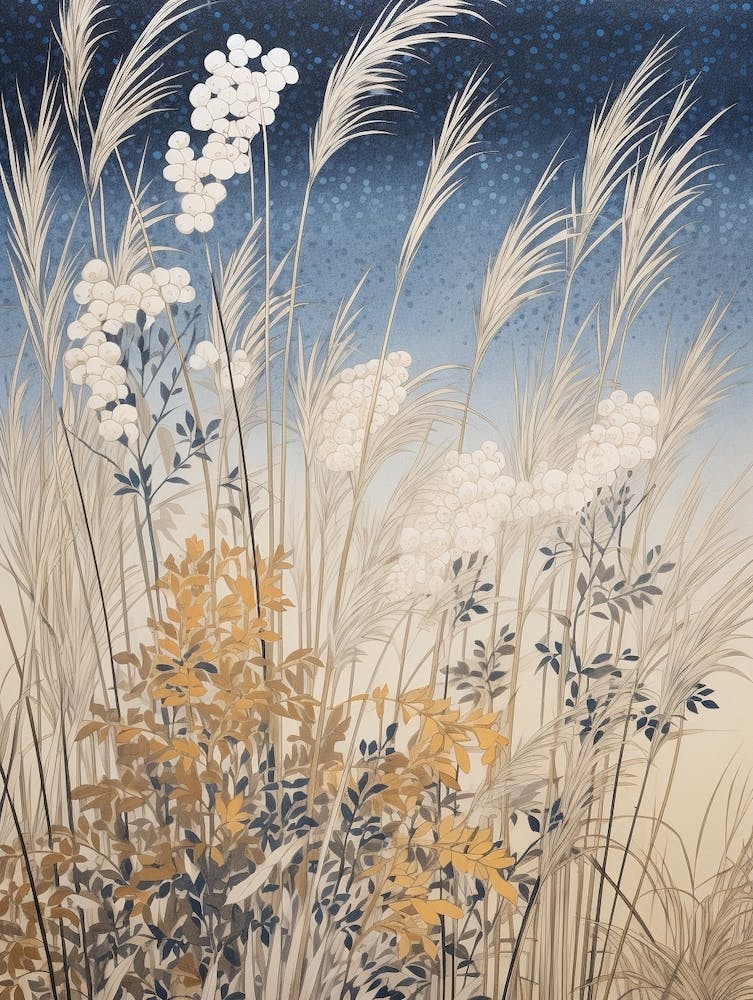 Fujibakama Japanese Silver Grass 1 Vintage Botanical Woodblock