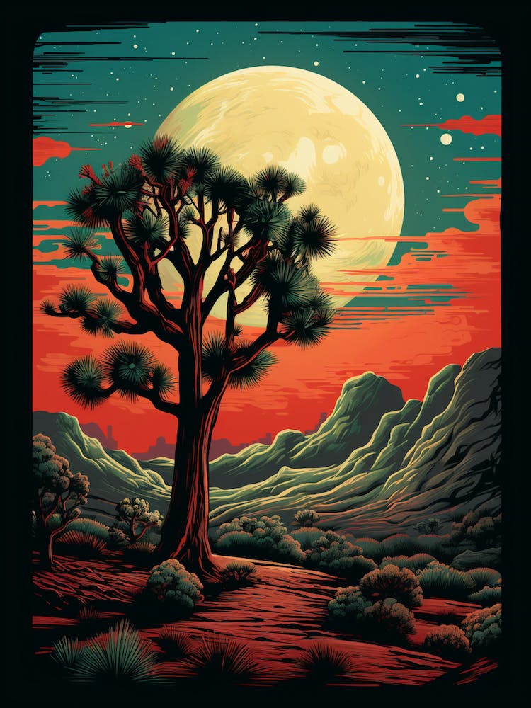 Retro Illustration Of A Joshua Tree At Night In Grand 4
