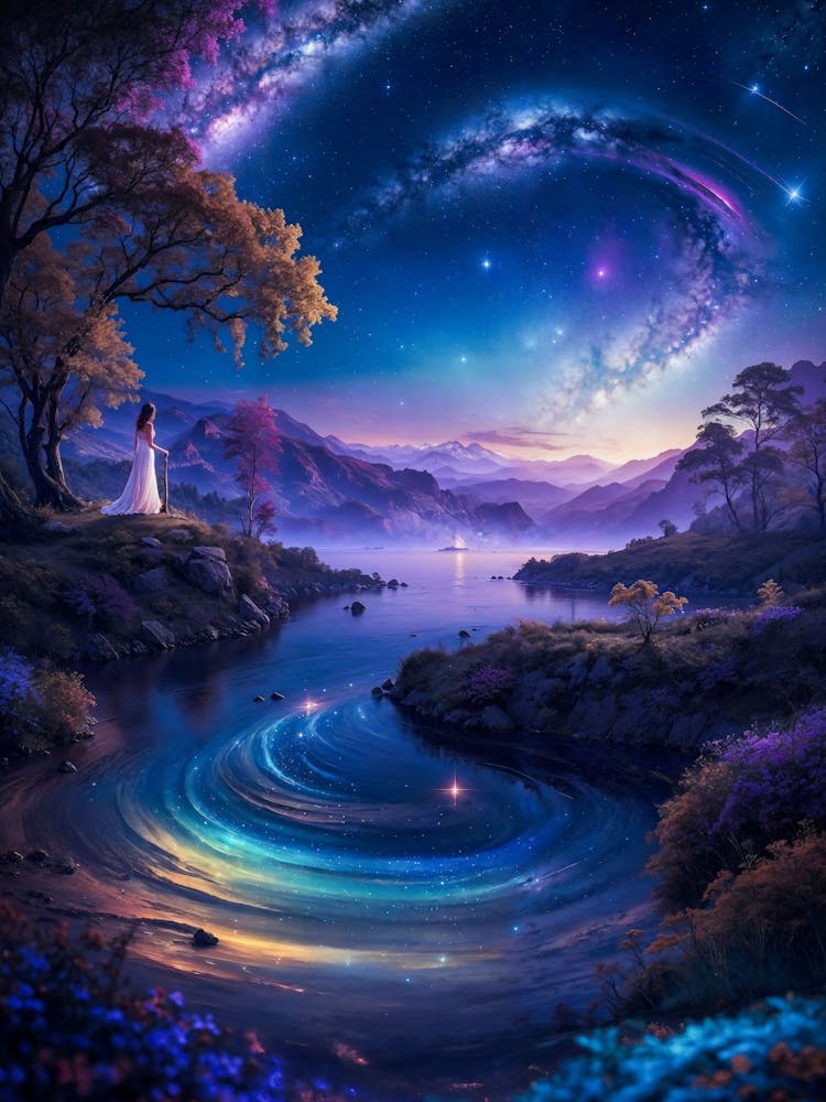 A fantasyy neon landscape of an alien world. The Milky Way and planets shine bright in the cosmos. Nature and sea meet in this galaxy.