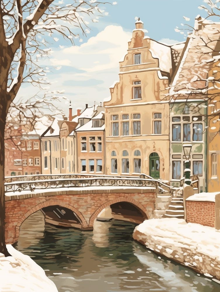 Vintage Winterillustration Brügge, Belgien 2