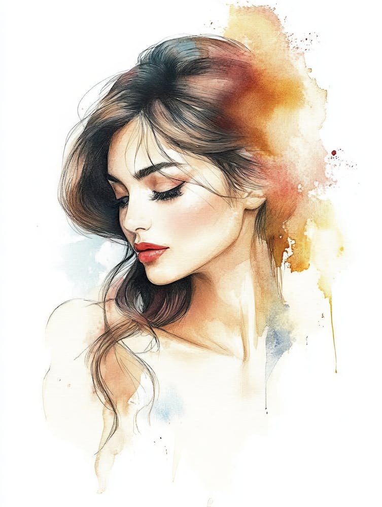 Watercolor Portrait of Beautiful Woman