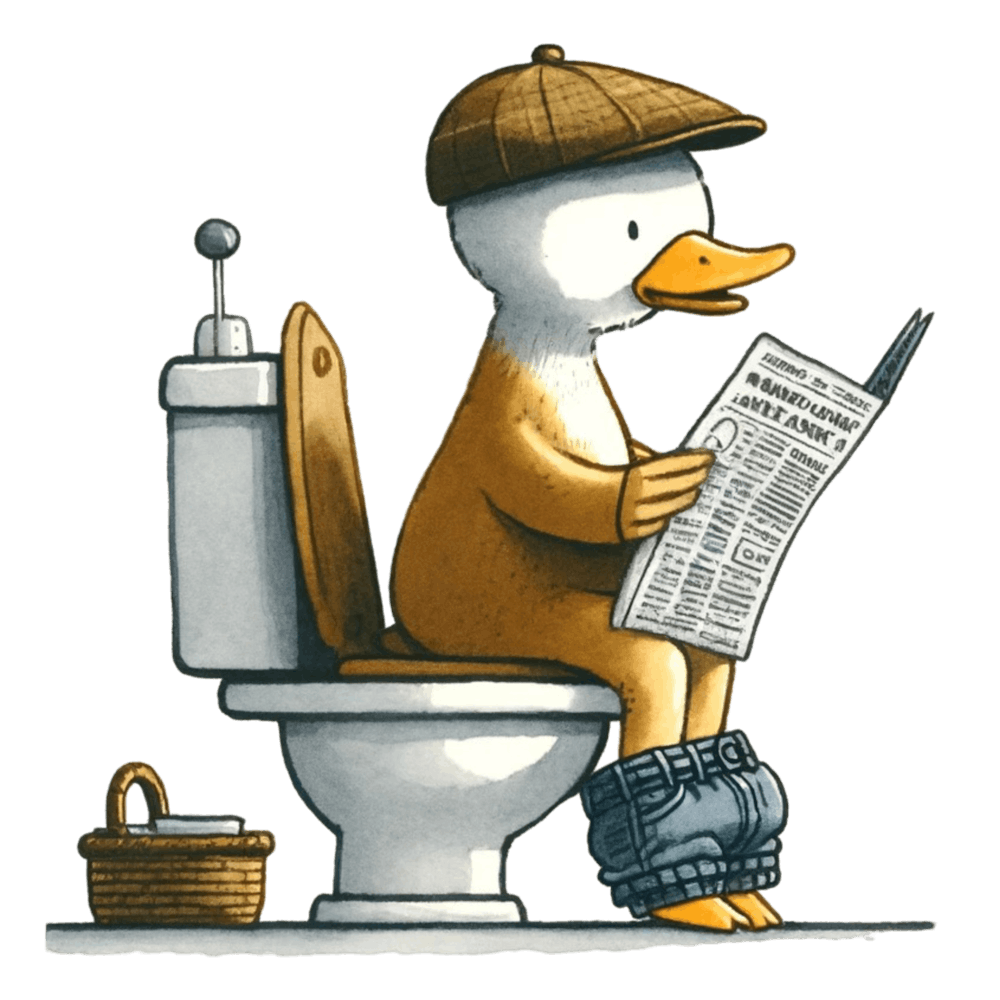 Duck Reading Newspaper on Toilet