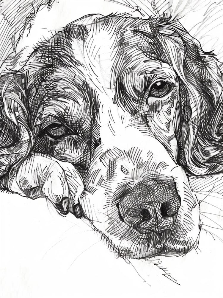 Detailed Sleepy Spaniel Dog Black & White