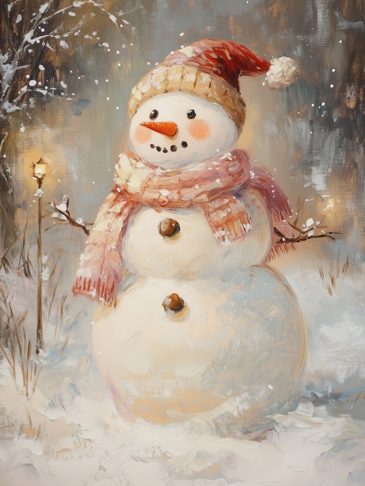 Snowman Wearing Scarf In Snowy Landscape
