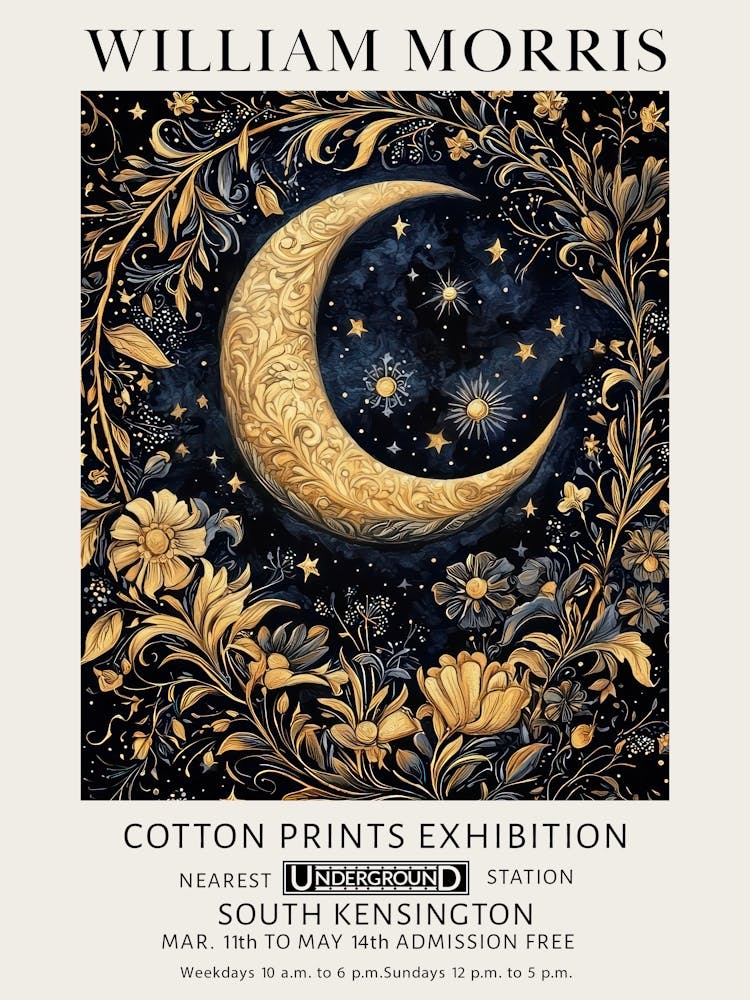 William Morris Flowers Moon And Stars Vintage Exhibition
