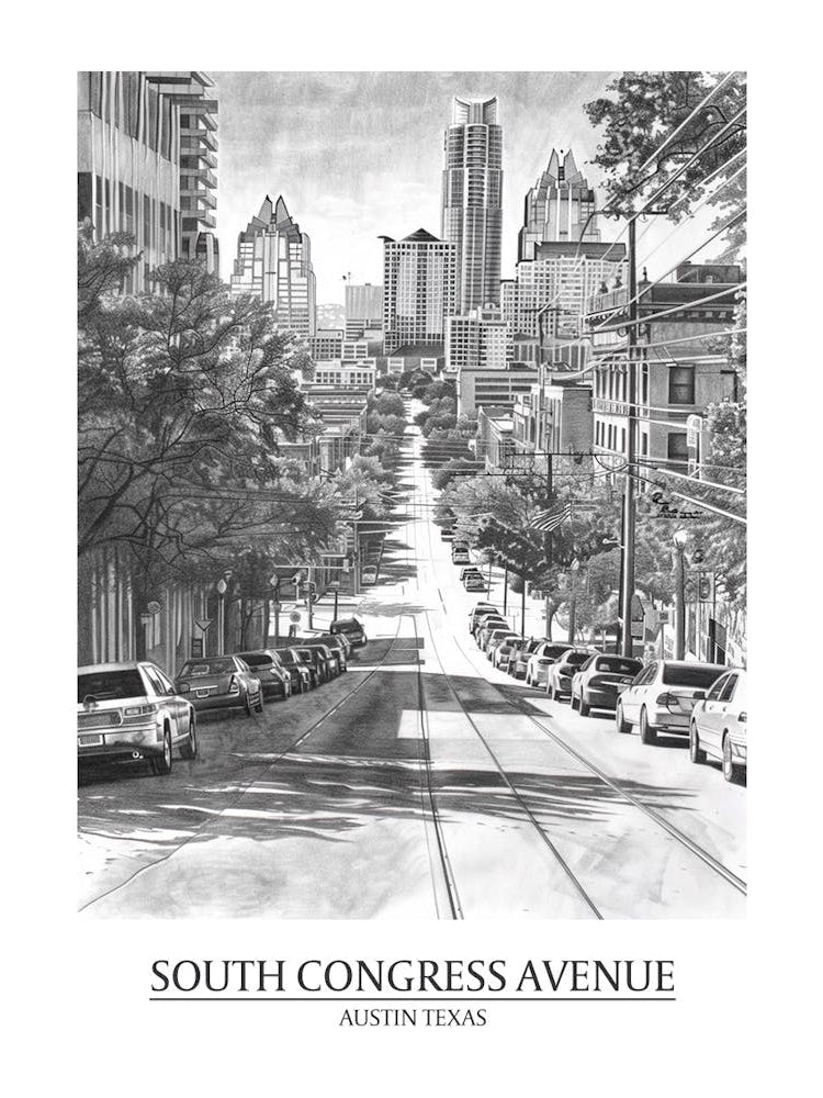 South Congress Avenue Austin Texas Black And White Drawing 2 Poster