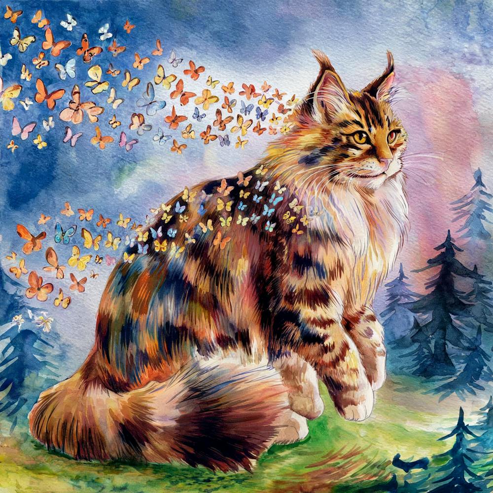 Coon Cat With Butterflies