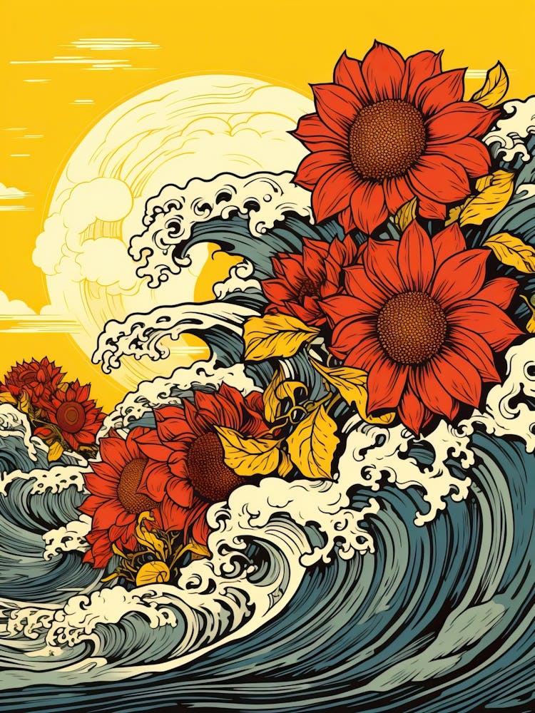 Great Wave With Sunflower Flower Drawing In The Style Of Ukiyo E 4