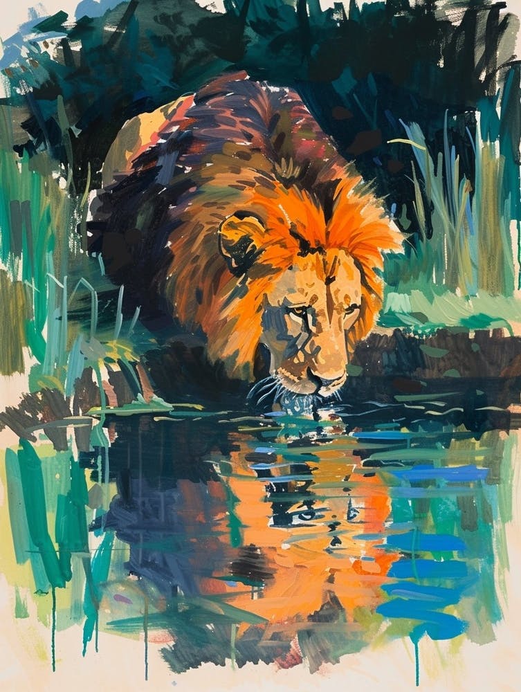 Masai Lion Drinking From A Watering Hole Fauvist Painting 1