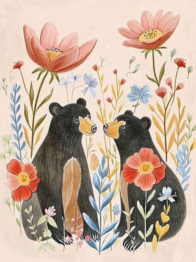 Folksy Floral Animal Drawing Black Bear 2