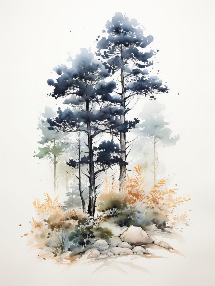 Trees, Japanese Brush Painting, Ukiyo E, Minimal 3