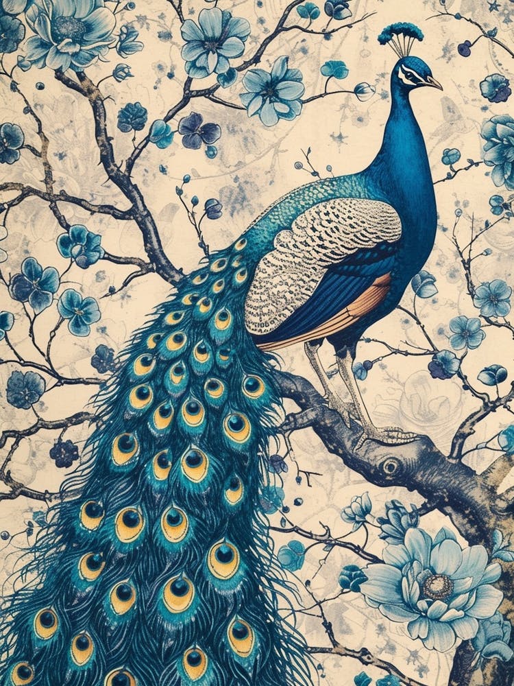 Cream & Blue Peacock On A Tree Branch