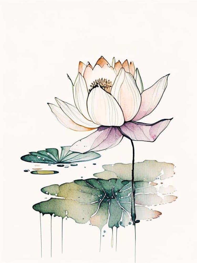 Blooming Lotus Flower In Pond Minimal Watercolour 3