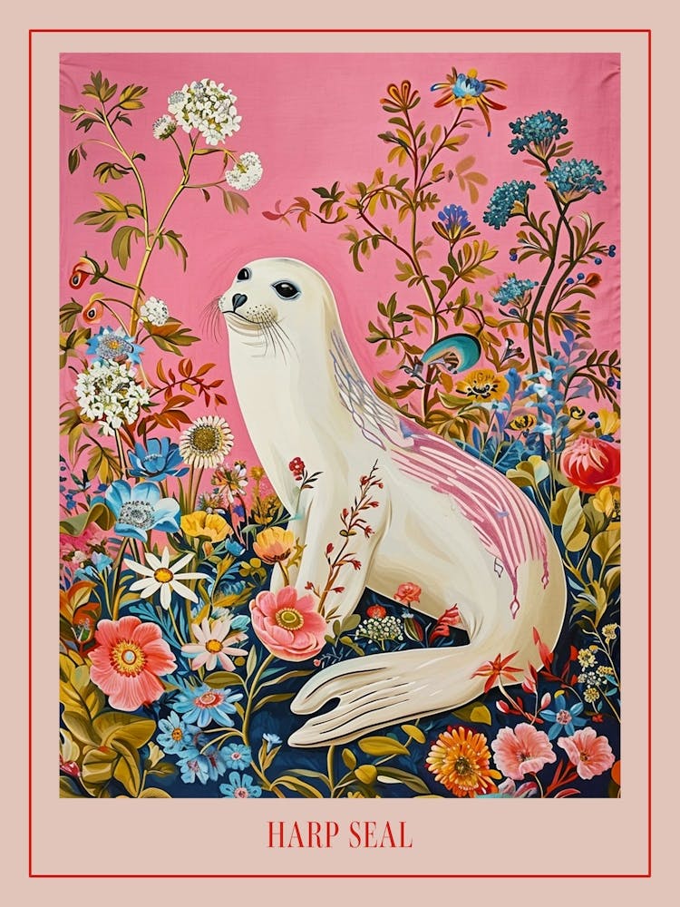 Floral Animal Painting Harp Seal 4 Poster