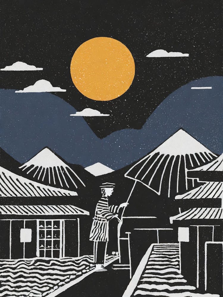 A Quiet Evening Scene With A Sake Vendor Under The Moonlight Ukiyo-E Style