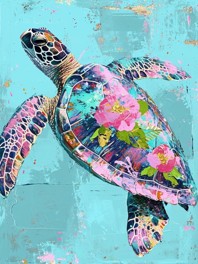 Floral Textured Sea Turtle Aqua