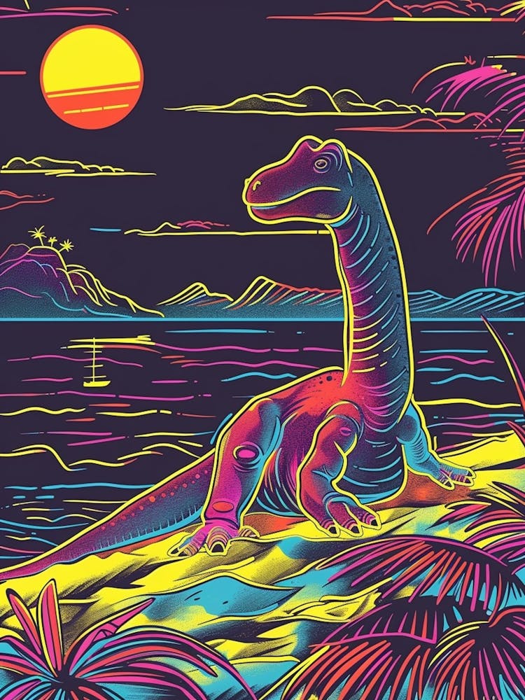 Neon Lines Dinosaur On The Beach