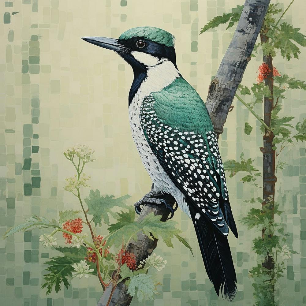 Ohara Koson Inspired Bird Painting Woodpecker 2 Square
