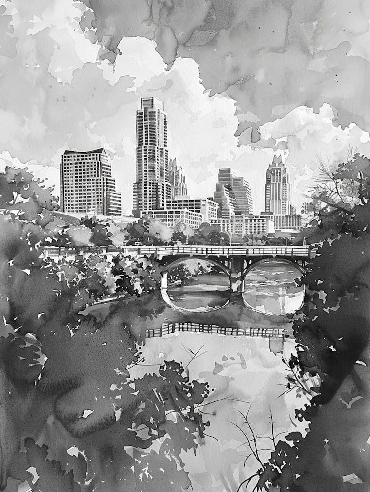 Red River Cultural District Austin Texas Black And White Watercolour 2
