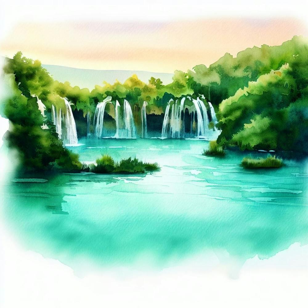 Watercolor Of Plitvice Lakes, Waterfalls 1