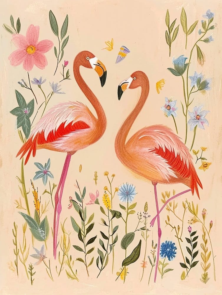 Folksy Floral Animal Drawing Flamingo
