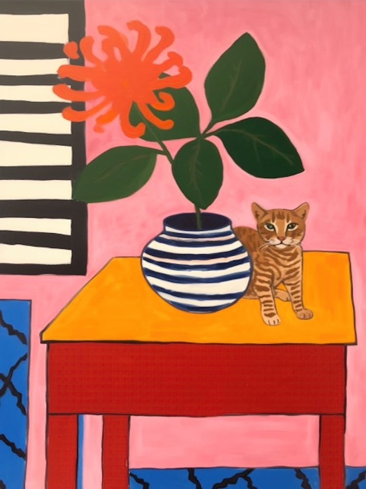A Painting Of A Still Life Of A Dahlia With A Cat In The Style Of Matisse 4
