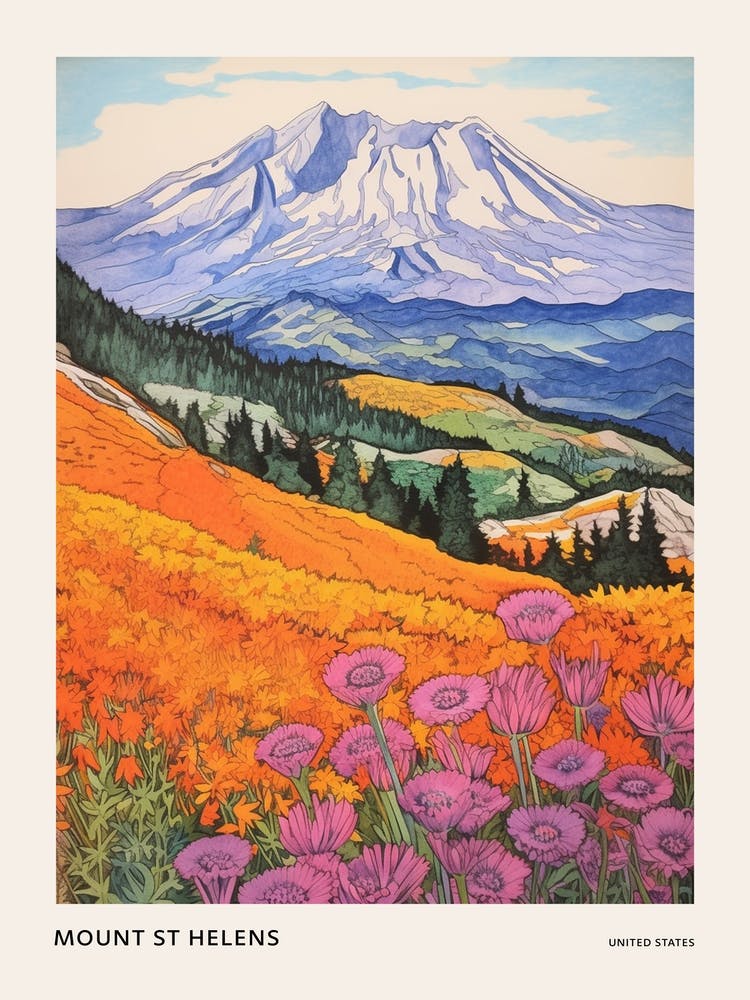 Mount St Helens United States 6 Colourful Mountain Illustration Poster