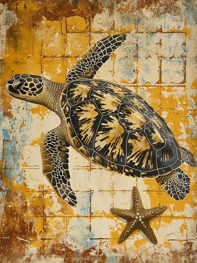 Sea Turtle & Star Fish Textured Collage 1