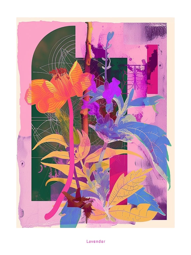 Lavender Neon Flower Collage Poster