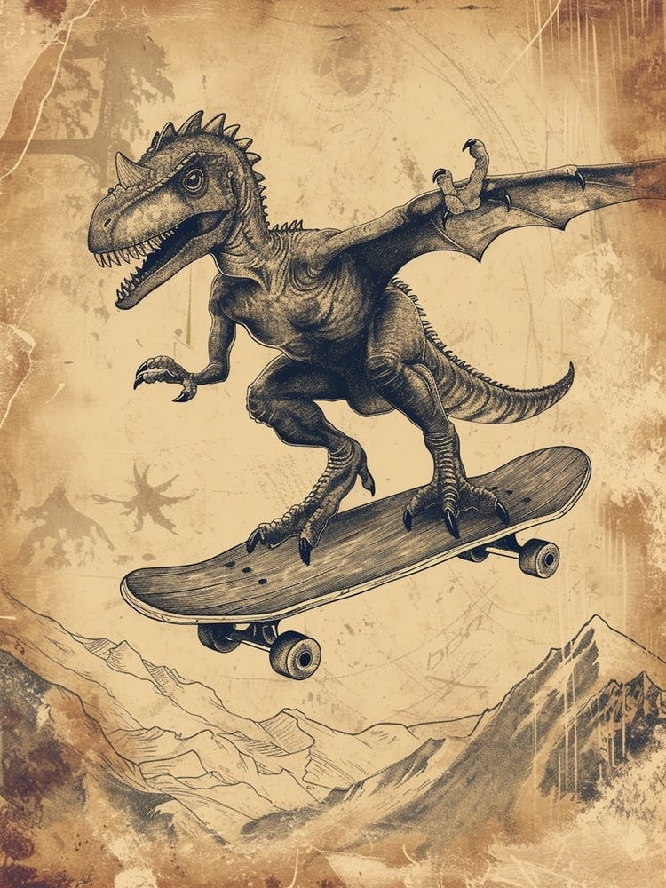 Vintage Pteranodon Dinosaur On A Skateboard 2