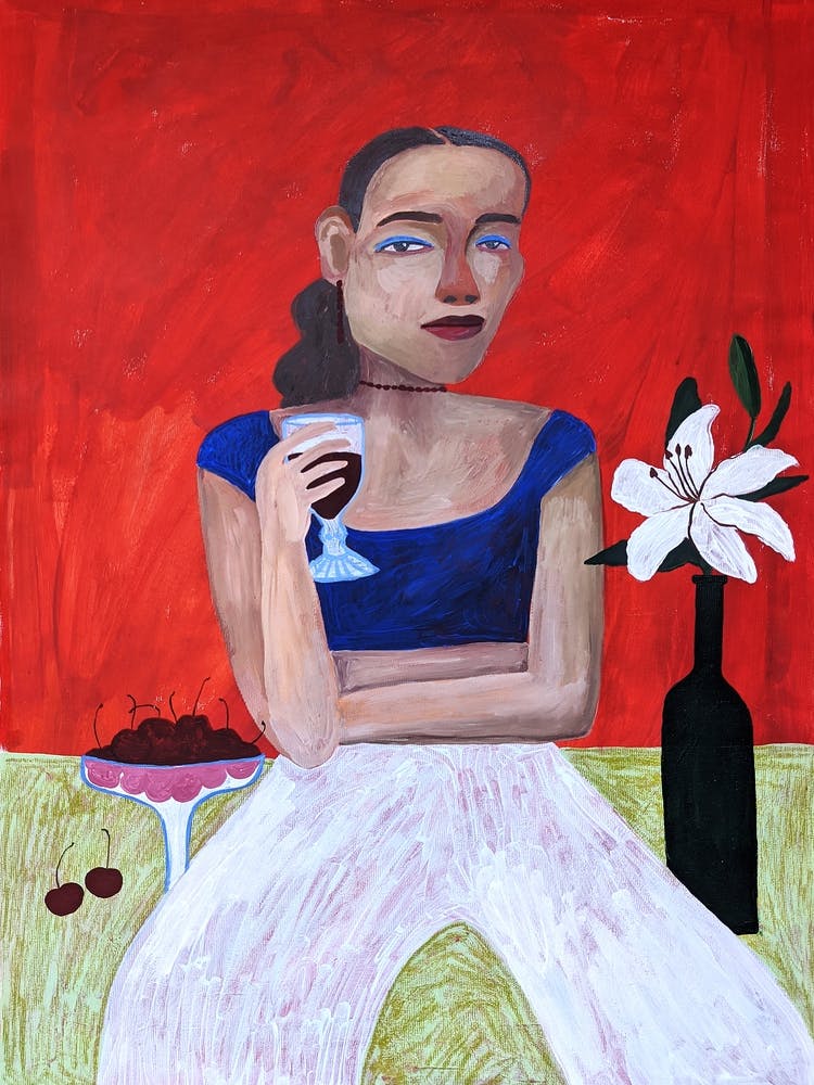 Girl with wine on a red background
