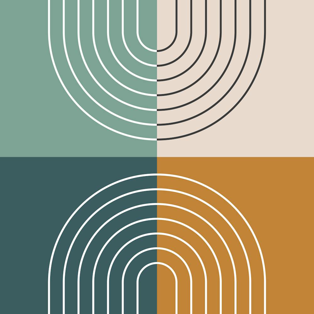 Abstract Rainbow Line and Colour Blocks I in Gold Beige Forest Sage Green, Midcentury Modern Design 1