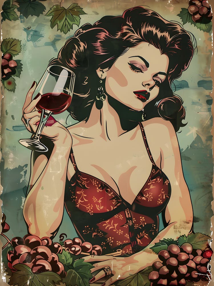 Vintage Girl With A Glass Of Wine