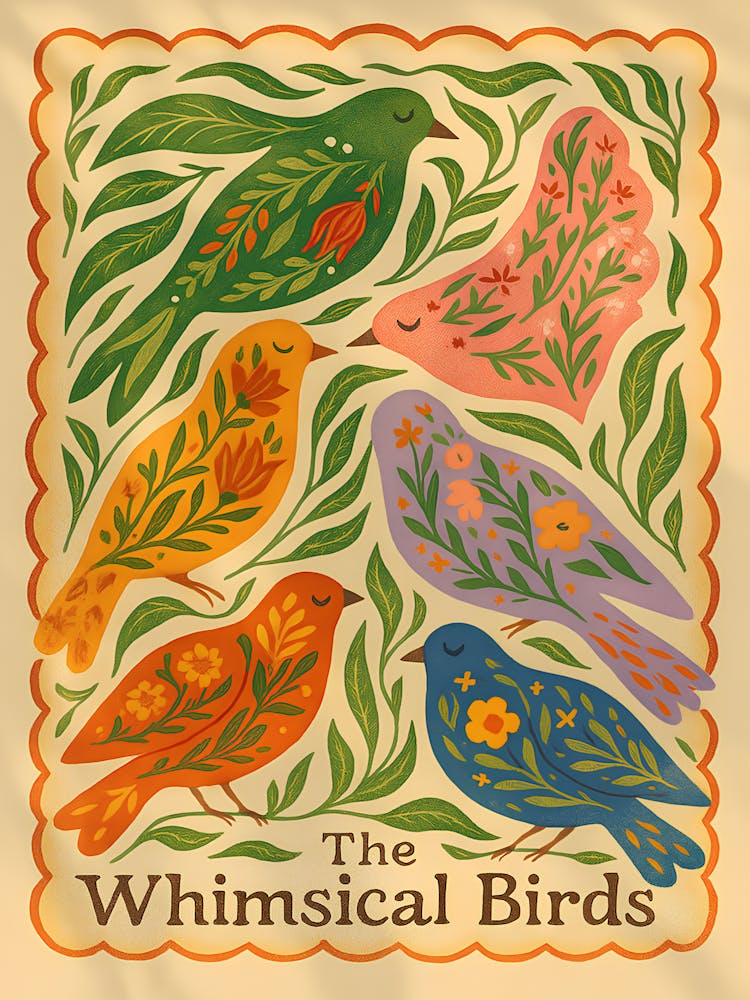 The Whimsical Birds - Colorful Folk Art Bird Illustration - Whimsical Botanical Wall Art - Boho or Eclectic Decor